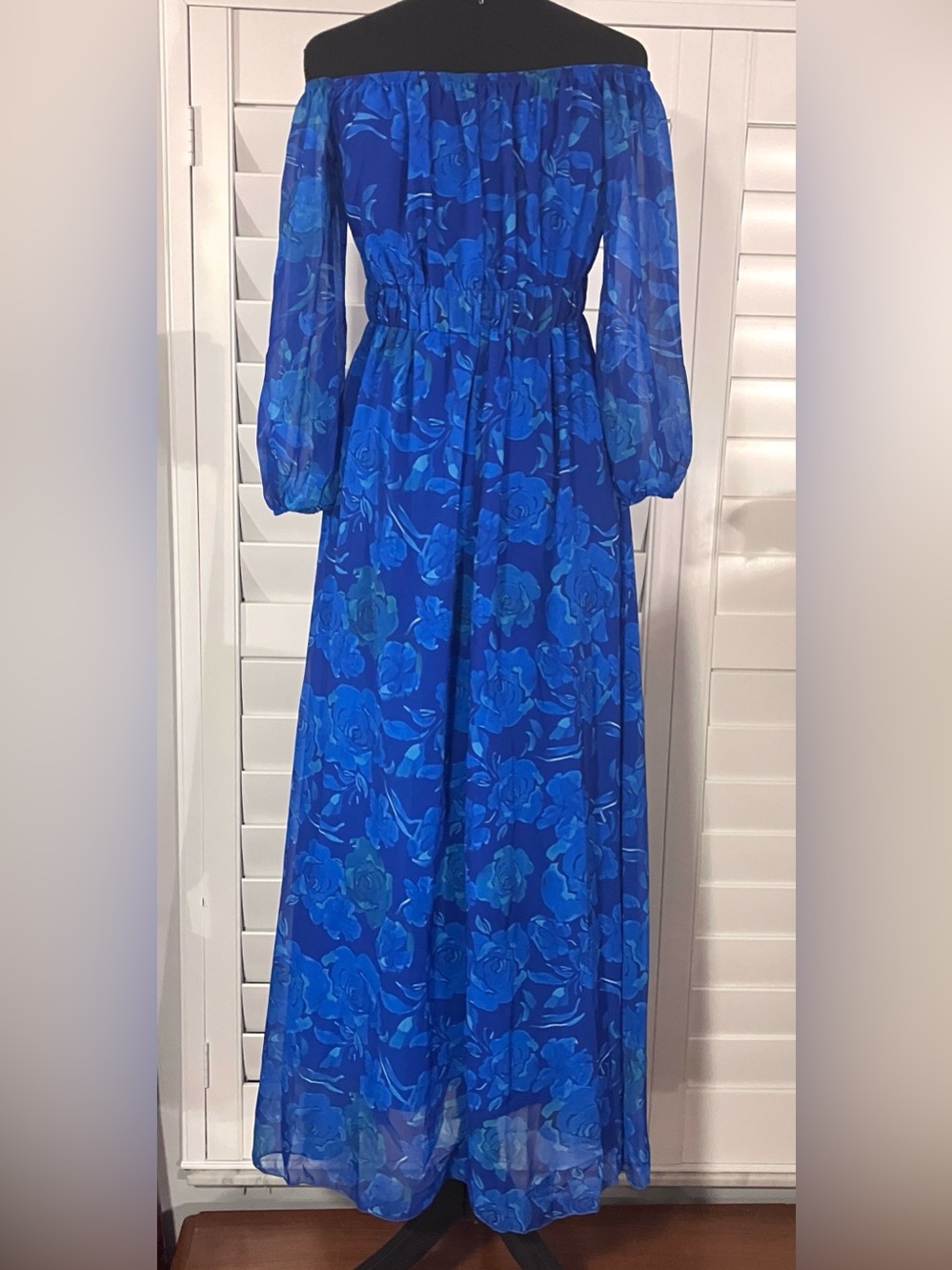 Blue Floral Chiffon Maxi Dress Off Shoulder Sheer Sleeve